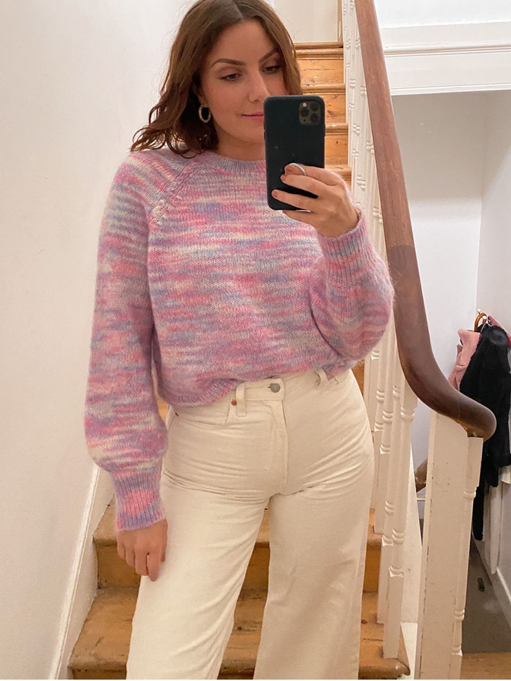 SEZANE Pink Purple & Cream Space Dye Mohair Wool Knit Ballon Sleeve Sweater